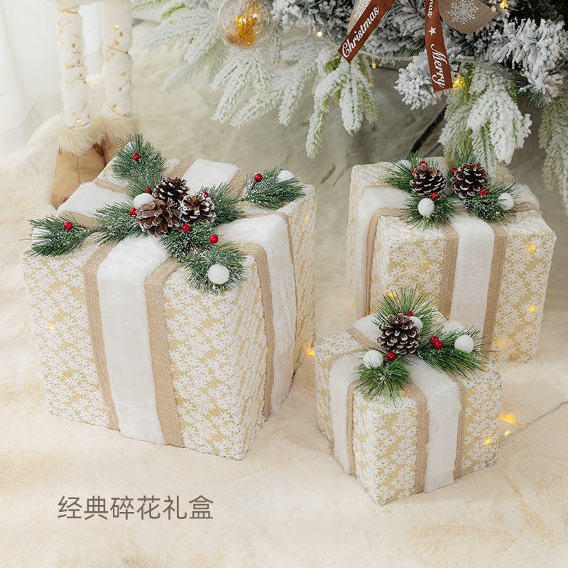 Christmas luminous gift box stack, holiday decoration, window display, scene with decorations