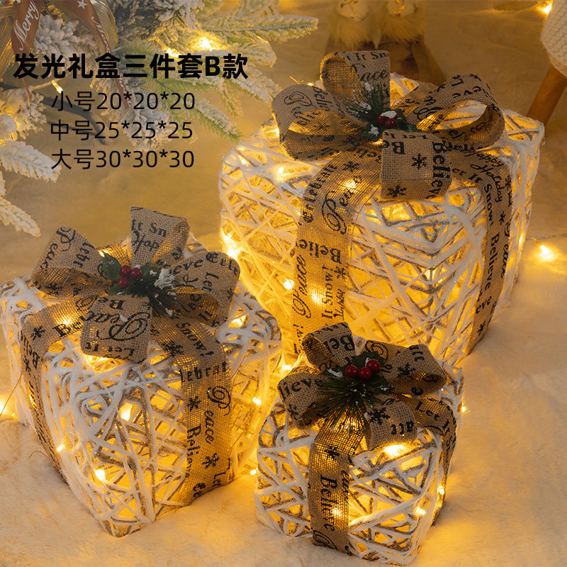 Christmas luminous gift box stack, holiday decoration, window display, scene with decorations