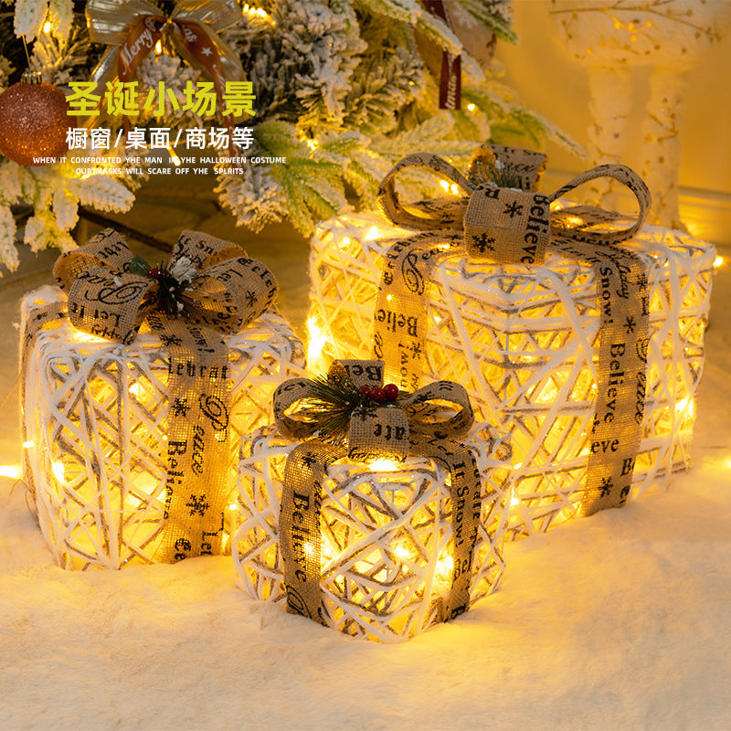 Christmas luminous gift box stack, holiday decoration, window display, scene with decorations