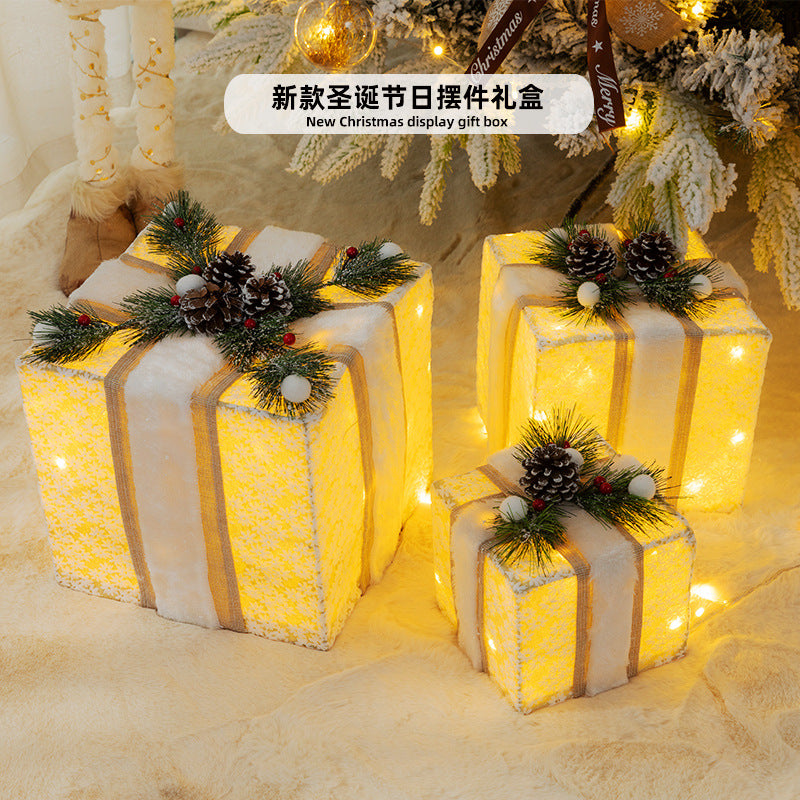 Christmas luminous gift box stack, holiday decoration, window display, scene with decorations