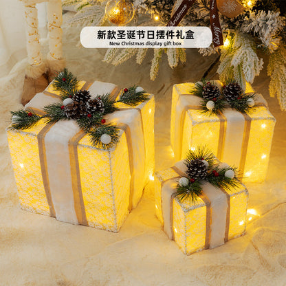 Christmas luminous gift box stack, holiday decoration, window display, scene with decorations