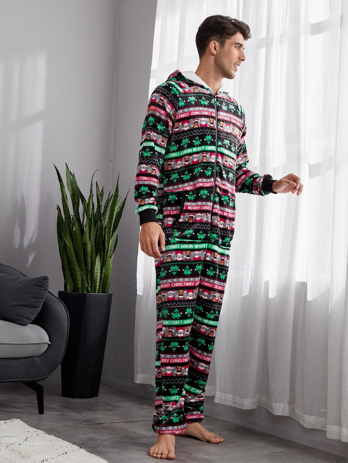 Men&#039;s Christmas Printed Flannel One Piece Pajamas