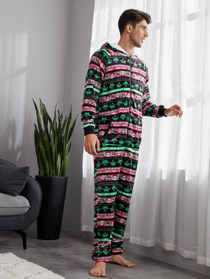 Men&#039;s Christmas Printed Flannel One Piece Pajamas