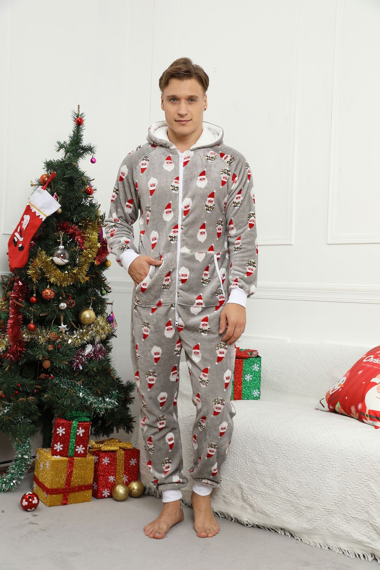 Men&#039;s Christmas Printed Flannel One Piece Pajamas
