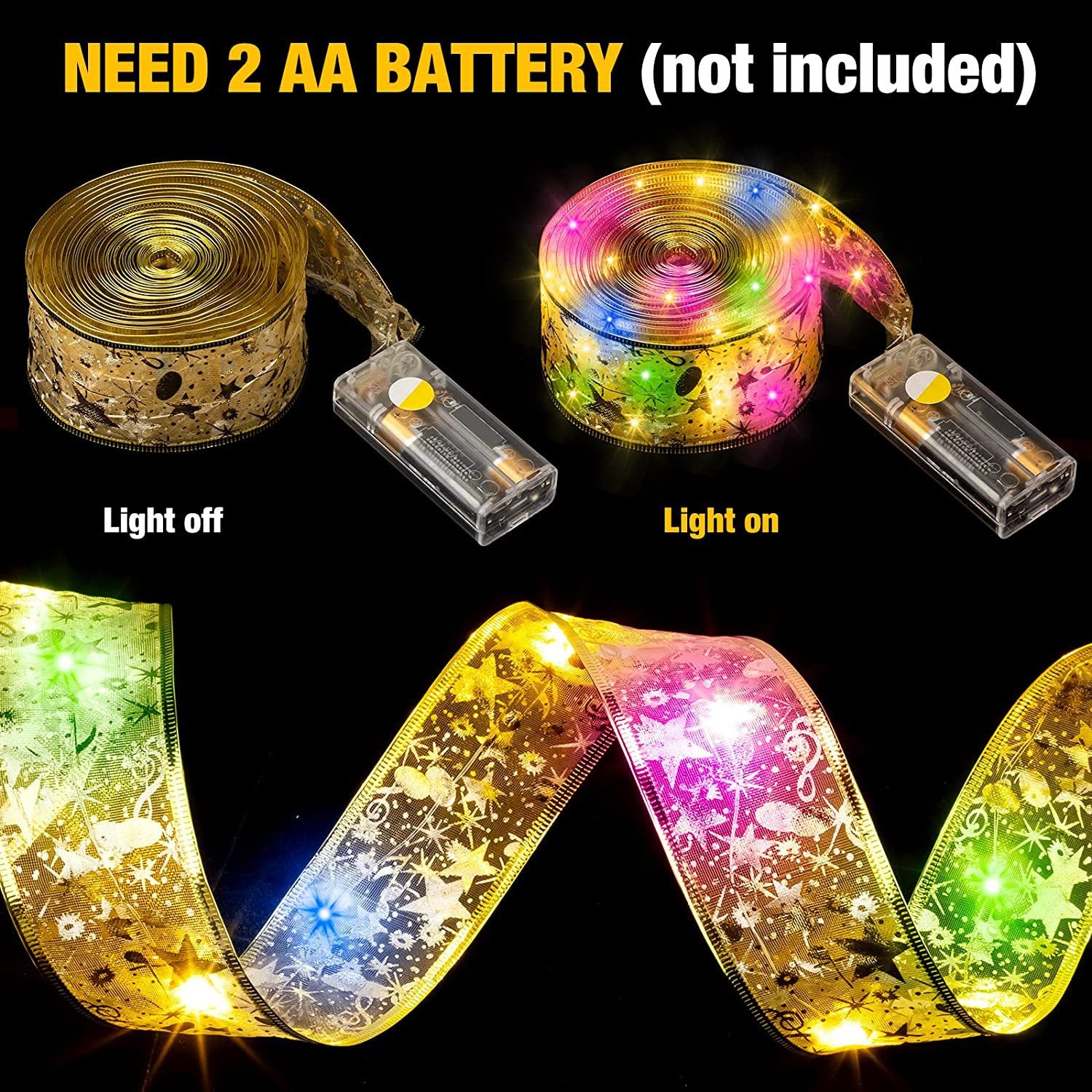 New LED Ribbon Lights Satin Lights Christmas Ribbon Lights Christmas Tree Decoration Lights Double-Layer Bronzing Luminous Ribbon Lights