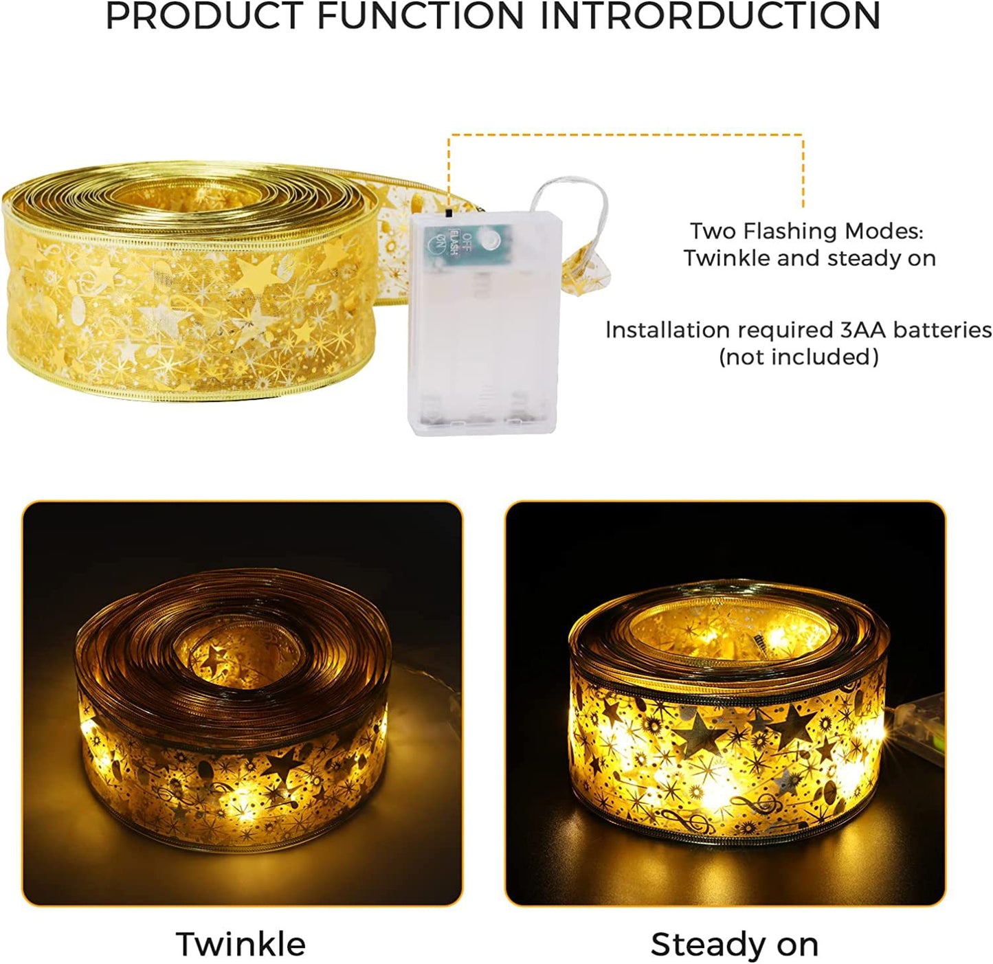 New LED Ribbon Lights Satin Lights Christmas Ribbon Lights Christmas Tree Decoration Lights Double-Layer Bronzing Luminous Ribbon Lights