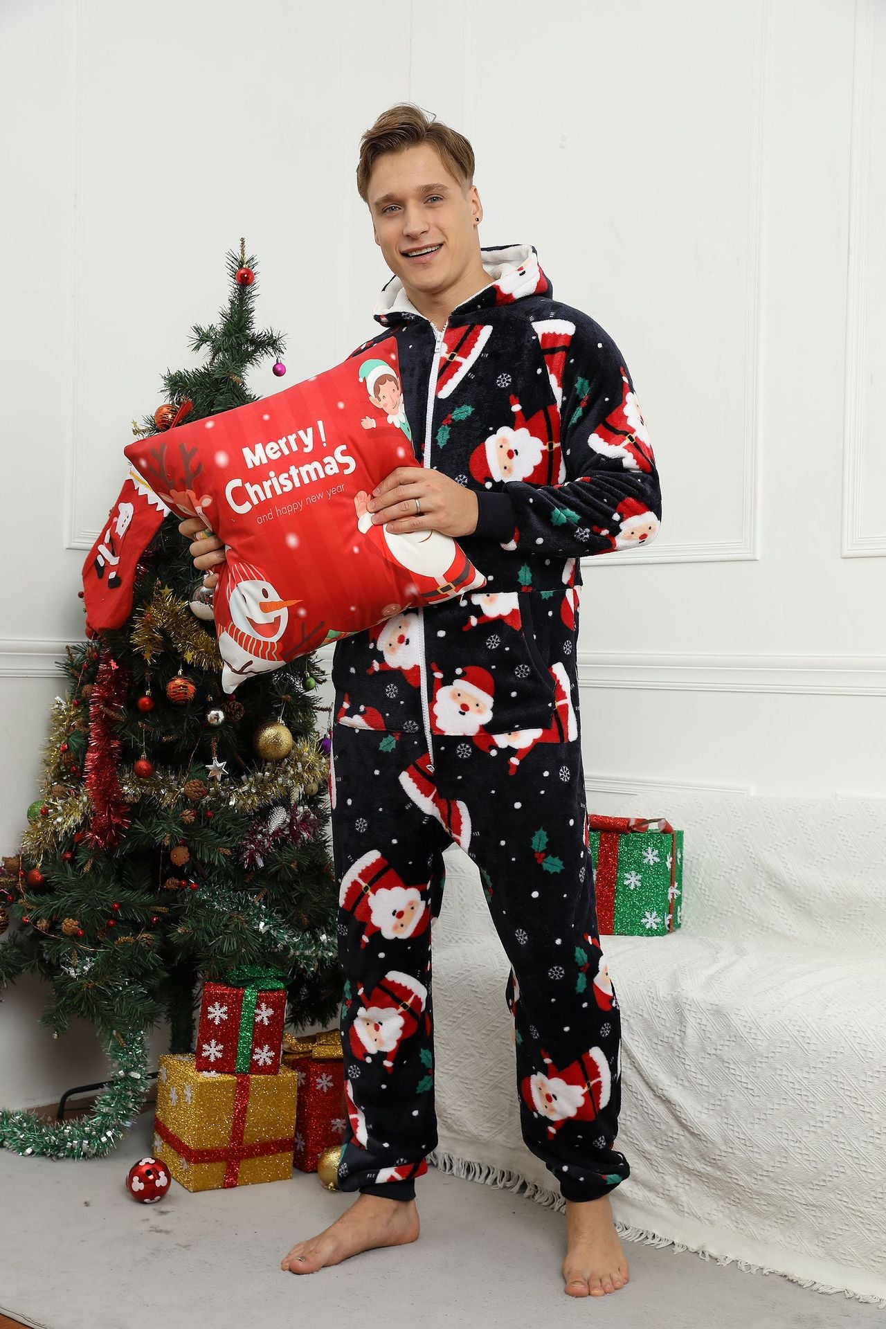 Men&#039;s Christmas Printed Flannel One Piece Pajamas