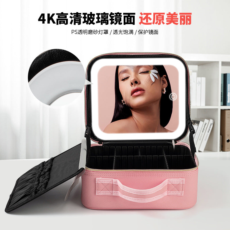 PU Leather Cosmetic Bag With Mirror Large Capacity Makeup Artist Special LED Light Makeup Mirror Multifunctional Storage Bag